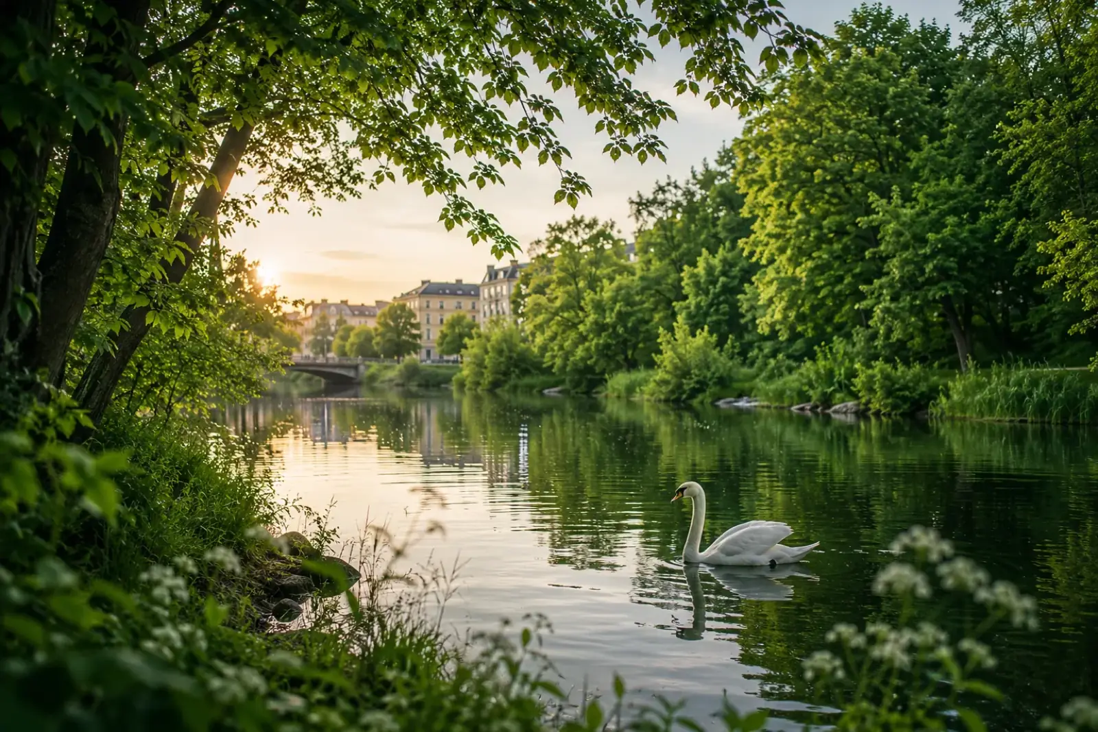 Grönska, vatten och svan vid Norrmalmstryckeriets närmiljö