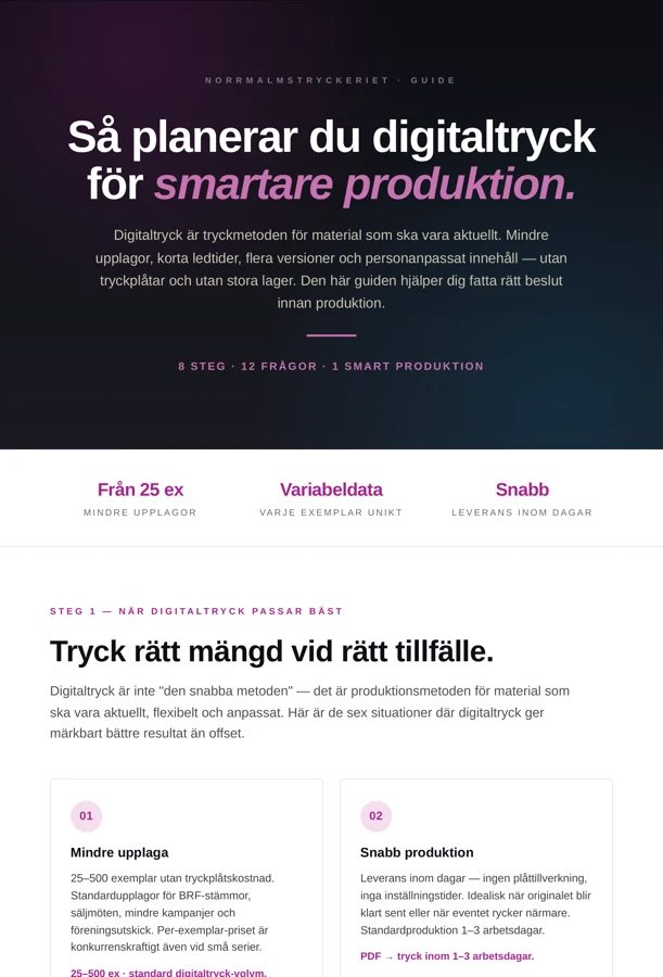 Förhandsvisning av guiden Så planerar du digitaltryck för mindre upplagor och smartare produktion (PDF)